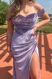 Purple Mermaid Off-the-shoulder Velvet Long Corset Prom Dress with Slit HZ1023