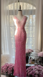 Gorgeous Sheath V Neck Beaded Pink Ombre Chiffon Long Party Dress Wedding Guest Dress HZ1023