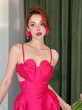 Hot Pink Sheath Spaghetti Strap Satin Prom Dress Evening Dress Open Back HZ1023