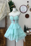 Vintage A Line Sweetheart Neck Layered Rhinestone Blue Chiffon Homecoming Dress Cocktail Dress HZ1023
