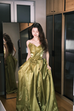 Olive Green A Line Sweetheart Neck Pleated Satin Long Prom Dress Formal Gown HZ1023