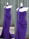 Purple Sheath Strapless Pleated Satin Prom Dress Party Dresses HZ1023