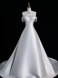 Elegant A Line Spaghetti Strap Beaded White Satin Wedding Dress Prom Dress HZ1023
