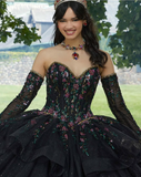 Black Sweetheart Neck Corset Beaded Sequin Tulle Ball Gown Sweet 16 Dress Quinceanera Dress HZ1023