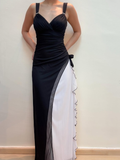Unique Sheath Spaghetti Strap Black White Chiffon Prom Dress Evening Dress HZ1023