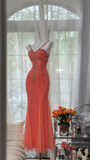 Vintage Mermaid Spaghetti Strap Exquisite Rhinestone Tulle Prom Dress Wedding Guest Dress HZ1023