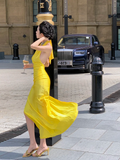 Sexy Bright Yellow Sheath Halter Satin Open Back Prom Dress Evening Dress with Slit HZ1023
