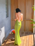 Simple Green Mermaid Straps Satin Open Back Long Prom Dress Vacation Dress HZ1023