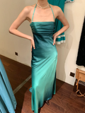 Simple A Line Halter Ombre Blue Satin Open Back Prom Dress Evening Dress HZ1023