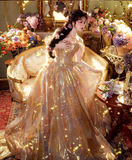 Dreamy Ball Gown Off the Shoulder Corset Golden Tulle Prom Dress 16th Birthday Dress HZ1023