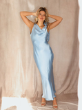 Elegant Sheath Spaghetti Strap Baby Blue Satin Long Prom Dress Evening Dress HZ1023