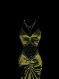 Vintage Mermaid Halter Olive Green 1950s Retro Classy Satin Long Prom Dresses Party Dress 21st Birthday Outfits Graduation Dresses HZ1023