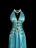 Vintage A line Halter Blue 1950s Retro Classy Satin Long Prom Dresses Party Dress 21st Birthday Outfits Graduation Dresses HZ1023