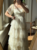 Vintage A Line Puff Layered Beige Lace Long Wedding Dress HZ1023