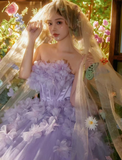 Purple Pretty Ball Gown Strapless Floral Tulle Prom Dress 16th Birthday Dress HZ1023