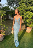 Blue Sheath Spaghetti Straps Satin Open Back Long Prom Dress Evening Dress HZ1023