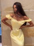 Gentle Yellow A Line Puff Lace Satin Long Prom Dress Party Dress Date Dress HZ1023