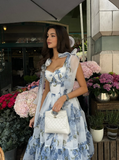 Blue Print Floral A Line Spaghetti Strap Tea Length Chiffon Homecoming Dress Cocktail Dress Outfits HZ1023