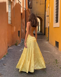 Simple Yellow A Line One Shoulder Satin Open Back Prom Dress Wedding Guest Dress HZ1023
