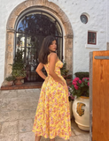 Cute A Line Spaghetti Strap Print Floral Yellow Satin Prom Dress Vacation Dress HZ1023