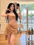 Brown Sheath Off the Shoulder Corset Pleated Tulle Satin Mini Prom Dress Homecoming Dress HZ1023