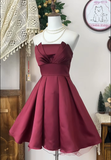 Simple A Line Strapless Burgundy Satin Short Homecoming Dress Cocktail Dress HZ1023