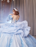 Baby Blue Sweetheart Neck Appliques Beaded Tulle Prom Dress Quinceanera Dress Ball Gown HZ1023