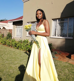Simple A Line Spaghetti Strap Yellow Satin Prom Dress Graduation Prom Dress with Slit HZ1023