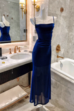 Royal Blue Stunning Sheath Spaghetti Strap Tulle Prom Dress Evening Dress HZ1023