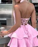 Pink A Line Halter Layered Pink Satin Open Back Short Homecoming Dress Cocktail Dress HZ1023