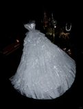 Shiny A Line Strapless Layered Sequin Tulle Long Prom Dress Evening Dress with Bow HZ1023