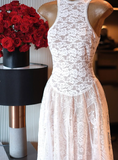 Elegant White A Line Round Neck Lace Long Prom Dress Evening Dress HZ1023