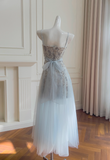Stunning A Line Spaghetti Strap Floral Blue Tulle Prom Dress Wedding Guest Dress HZ1023