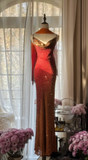 Vintage Unique Red Orange Ombre Black Beaded Chiffon Evening Dress Party Dress HZ1023