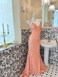 Shiny Orange Mermaid Spaghetti Strap Sequin Open Back Evening Dress Prom Dress HZ1023
