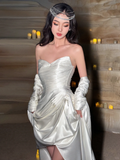 Charming A Line Sweetheart Neck Pleated White Satin Long Prom Dress Evening Dress with Slit HZ1023