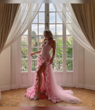 Charming Pink Strapless High Slit Flower Prom Dress HZ1023