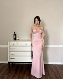 Simple Mermaid Spaghetti Strap Pink Satin Backless Party Dress Evening Dress HZ1023