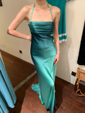 Simple A Line Halter Ombre Blue Satin Open Back Prom Dress Evening Dress HZ1023