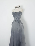 Retro A Line Spaghetti Strap Grey Beaded Satin Long Evening Dress Party Dress HZ1023