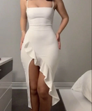 Simple White Slit Ruffles Midi Length Sheath Prom Gown Brithday Party Evening Dress HZ1023