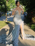 Gorgeous Mermaid Deep V Neck Beaded Feather Long Sweep Prom Dress Evening Dress HZ1023