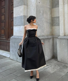 Black A Line Strapless Satin Prom Dress Evening Homecoming Dress with Bow HZ1023