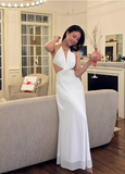 Simple White A Line Halter Chiffon Long Open Back Prom Dress Vacation Dress HZ1023