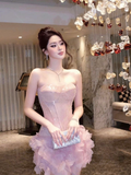 Stunning A Line Strapless Pink Sequin Chiffon Homecoming Dress Cocktail Dress HZ1023