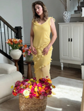 Pretty Yellow Sheath Strap Ruffle Chiffon Long Vacation Dress Outfits HZ1023