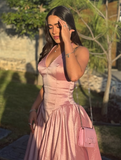 Cute A Line Halter Pink Satin Open Back Prom Dress Graduation Prom Dress HZ1023