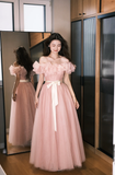 Elegant A Line Off the Shoulder Pink Tulle Long Party Dress Wedding Guest Dress HZ1023