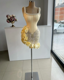 Stunning Sheath Straps Beaded Yellow Satin Tulle Short Homecoming Dress Cocktail Dress HZ1023