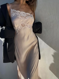 Simple A Line Spaghetti Strap Lace Satin Party Dress Wedding Guest Dress with Slit HZ1023